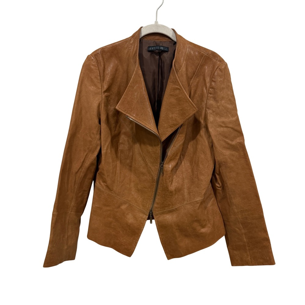 Lafayette 148 New York Brown Leather Asymmetrical‎ Zip Jacket Cognac Size 8